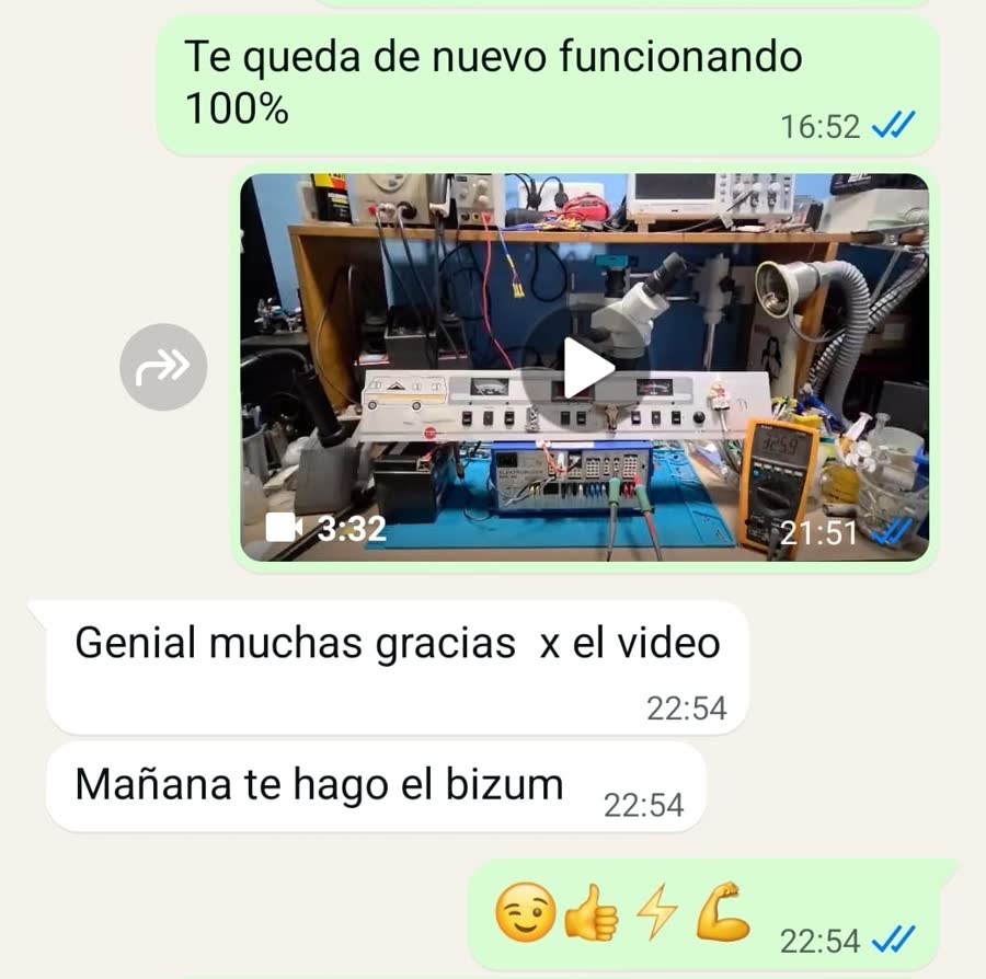 Captura real de WhatsApp: Carlos envía vídeo de la reparación de Elektroblock funcionando y el cliente confirma el pago por Bizum